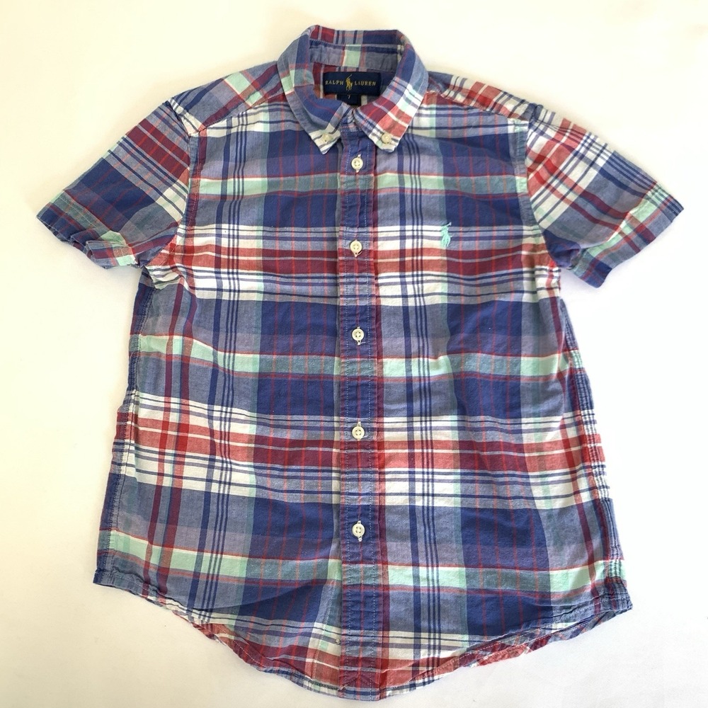 Ralph Lauren Shirt Boys 7 Blue Red Plaid Short Sleeve Button Down Patriotic Cute